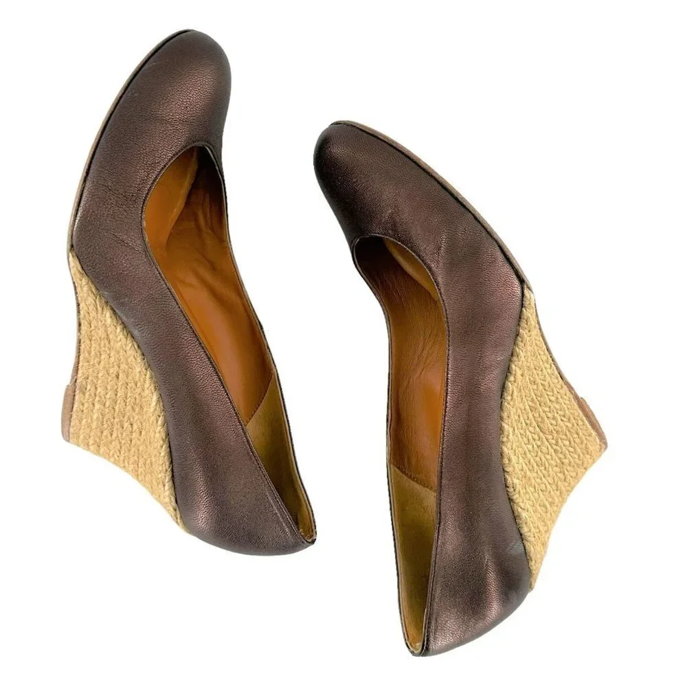 LANVIN Bronze Metallic Brown Leather Espadrille Wedge Heels Size 39